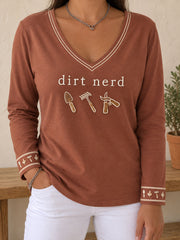 Damen-T-Shirt mit V-Ausschnitt und Pflanzen-Liebhaber-Print