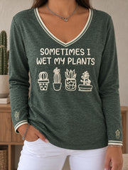Damen-T-Shirt mit V-Ausschnitt und Pflanzen-Liebhaber-Print