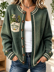 Damen-Strickjacke im Cardigan-Stil mit Pflanzenmotiv-Aufdruck