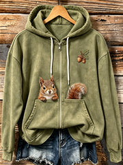 Frauen niedlicher Wald-Eichhörnchen-Druck bequemer Kapuzen pullover mit Reiß verschluss