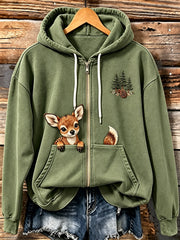 Frauen niedlicher Wald Hirsch Druck bequemer Reiß verschluss Hoodie