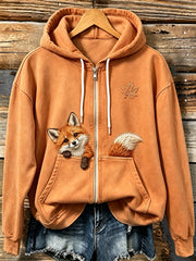 Damen niedlicher Wald Fox Print bequemer Kapuzen pullover mit Reiß verschluss