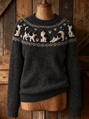 Damenpullover mit niedlichem Katzenmotiv, lässig, langärmlig