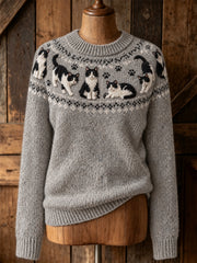 Damenpullover mit niedlichem Katzenmotiv, lässig, langärmlig