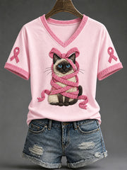 Frauen rosa Band Siamesische Katze Print Casual T-Shirt