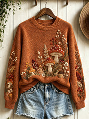 Damen-Pullover im Vintage-Stil mit klassischem Waldpilz- und Blumen-Art-Print sowie Rundhalsausschnitt