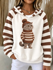 Damen-Lässiges Langarm-Shirt mit niedlichem Katzenmuster für den Winter