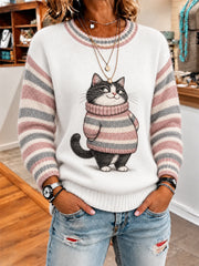 Damen-Sweatshirt mit niedlichem Winter-Motiv: fette Katze, lässiger Stil