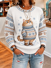 Damen-Sweatshirt mit niedlichem Winter-Motiv: fette Katze, lässiger Stil