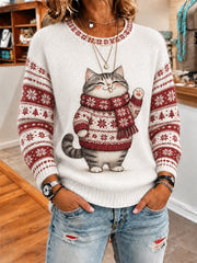 Damen-Sweatshirt mit niedlichem Winter-Motiv: fette Katze, lässiger Stil
