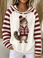 Damen-Lässiges Langarm-Shirt mit niedlichem Katzenmuster für den Winter