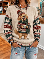 Damen-Sweater mit niedlichem Hundemuster für den Winter, lässig geschnitten