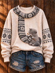Damen-Strickpullover mit britisch-kurzhaar-Katzen-Artprint „Katze strickt einen Schal“ im Casual-Stil
