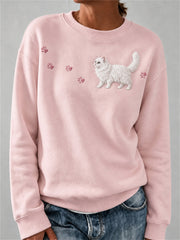 Damen-Sweatshirt mit niedlichem, flauschigem weißen Katzen- und Pfotenabdruck-Print