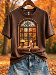 Damen-Herbst-T-Shirt mit Landschafts- und Kuschelkatzen-Print, kurzärmelig