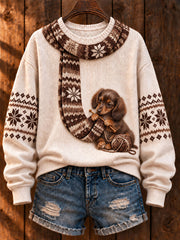 Damen-Pullover mit lässigem Dackel-Art-Print: „Hund strickt einen Schal“