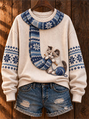 Damen-Ragdoll-Katzen-Art-Print-Lässiger Pullover mit Motiv „Katze strickt einen Schal“