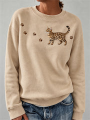 Damen-Sweatshirt mit niedlichem Bengal-Katzen- und Pfotenabdruck-Print