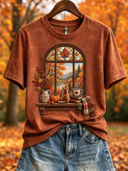Damen-Herbst-T-Shirt mit Landschafts- und Kuschelkatzen-Print, kurzärmelig