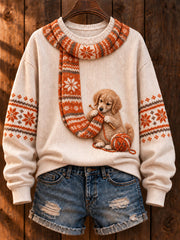 Damen-Pullover mit Kunstprint „Hund strickt einen Schal“ – Golden Retriever-Design, lässiger Stil