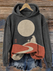 Kuscheliger Damen-Kapuzenpullover mit japanischem Minimalismus-Motiv: Katze und Landschaft