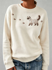 Damen-Sweatshirt mit niedlichem, flauschigem Ragdoll-Katzen- und Pfotenabdruck-Print