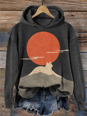 Kuscheliger Damen-Kapuzenpullover mit japanischem Minimalismus-Motiv: Katze und Landschaft
