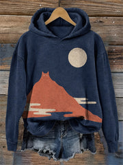 Kuscheliger Damen-Kapuzenpullover mit japanischem Minimalismus-Motiv: Katze und Landschaft