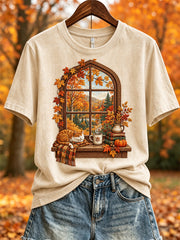 Damen-Herbst-T-Shirt mit Landschafts- und Kuschelkatzen-Print, kurzärmelig