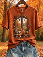 Damen-Herbst-T-Shirt mit Landschafts- und Kuschelkatzen-Print, kurzärmelig