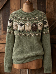 Damen-Vintage-Sweater mit flauschigem Schaf- und Yoke-Isle-Muster, Rundhalsausschnitt