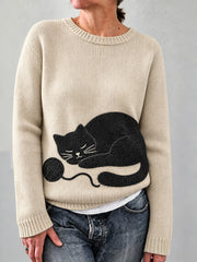 Bequemer Damen-Pullover mit niedlichem schwarzen Katzen-Print