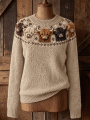 Damen Vintage Fuzzy Highland Cows Yoke Isle Print Pullover mit Rundhals ausschnitt