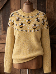 Damen Vintage Flying Bees Yoke Isle Print Pullover mit Rundhals ausschnitt