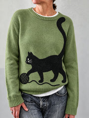 Bequemer Damen-Pullover mit niedlichem schwarzen Katzen-Print