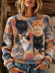 Damen niedliche bunte Katze Kopf lässig Rundhals pullover