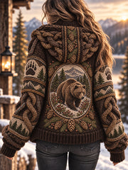 Kuschelige Kapuzenpulloverjacke für Damen mit Animal-Print im Vintage-Stil