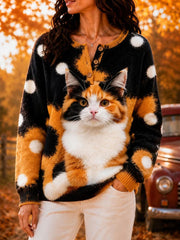 Damen Fuzzy Calico Cat Pullover mit grafischem Druck