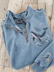 Dreamy Whale & Ocean Waves Print Sweatshirt mit Reiß verschluss