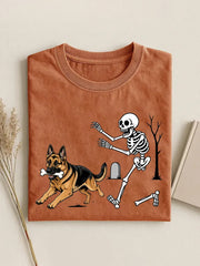 Lustiges Halloween-Hund und Skelett druck Damen lässig T-Shirt