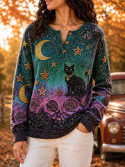 Frauen Sternen himmel Magic Black Cat Print Pullover