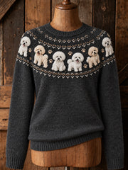 Damen Vintage niedliche Bichons & Pfoten Print Lang ärmel iger Pullover