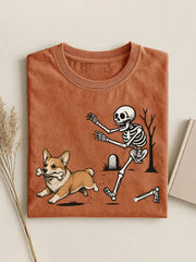 Lustiges Damen-T-Shirt mit Hund- und Skelett-Print für Halloween, lässiger Stil