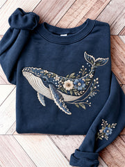 Damen-Sweatshirt mit edlem Wal- und Blumen-Art-Print