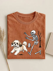 Lustiges Damen-T-Shirt mit Hund- und Skelett-Print für Halloween, lässiger Stil