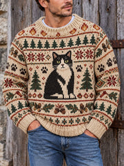 Herren-Vintage-Strickpullover mit Katzenmuster im Fair-Isle-Stil