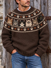 Herren-Vintage-Strickpullover mit Katzenmuster im Fair-Isle-Stil