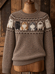 Damen-Vintage-Strickpullover mit süßen Katzen und Yoke-Isle-Muster, langärmelig
