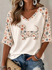 Damen Dackel Blumen druck lässig Raglan Ärmel T-Shirt