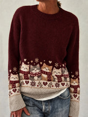 Damenpullover mit niedlichem Katzen-Druck, langärmlig, für Herbst und Winter